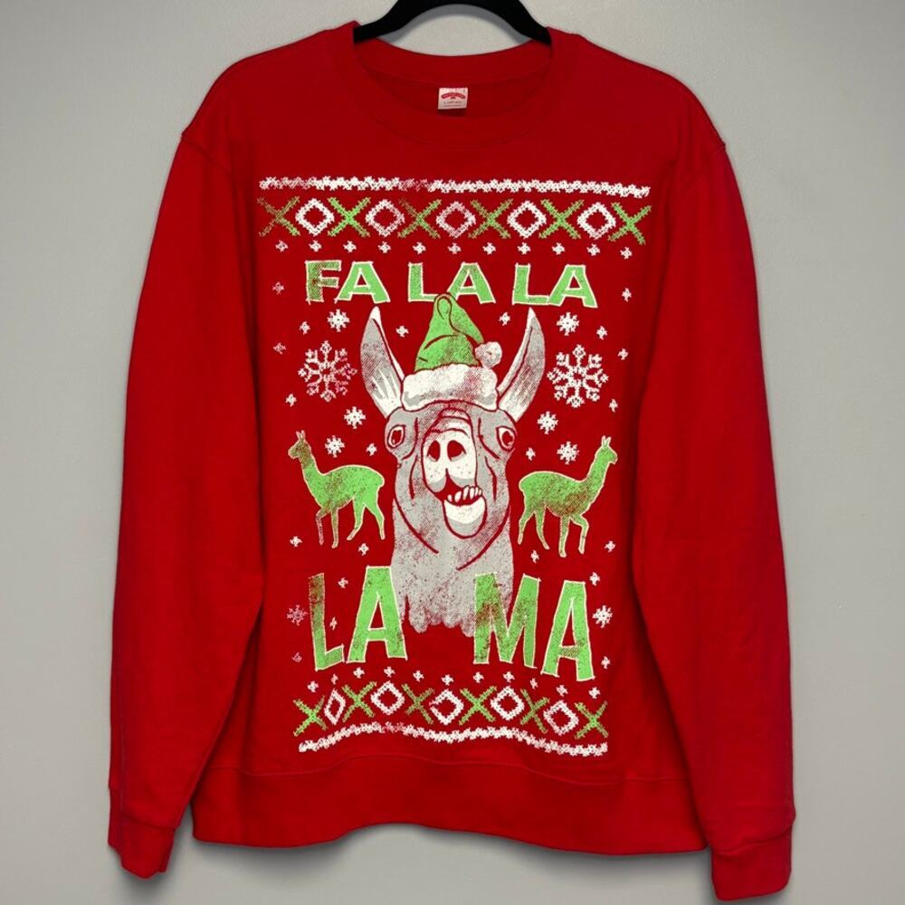 Holiday Time Ugly Christmas Falala Llama Print Red Sweatshirt Mens Sz L